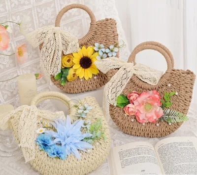 Straw Bag Simulated Flower DIY Material Bag Handmade Handbag Holiday Gift