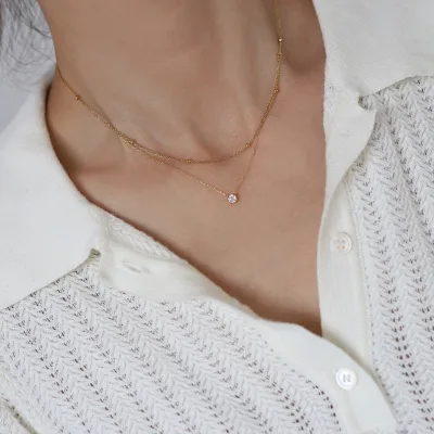 XL552 Women's Whale Rain Jewelry Exquisite Single-Diamond Double-Layer Necklace Gold Beads Stainless Steel Vacuum Plated