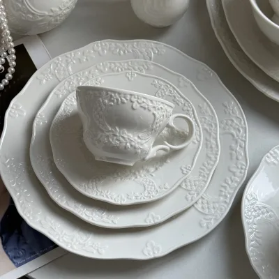 Vintage French Embossed Ceramic Tea Set Heavy Relief Coffee Cup Saucer Teapot Plates Breakfast Dessert Tableware Home Wholesale