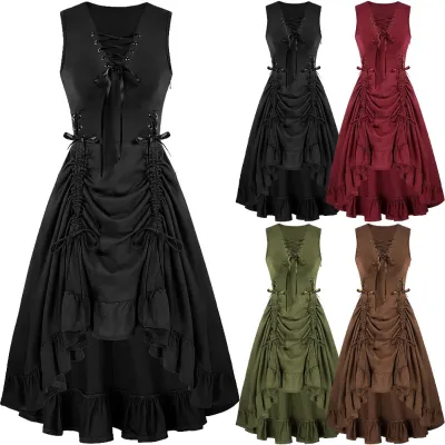 Medieval Women Renaissance Lace-Up Vest Dress Irregular Hem Dress Sleeveless Sweetheart U-Neck Gothic Pirate Cosplay Costume