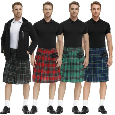 Scottish National Holiday Men's Plaid Pleated Skirt Long Canvas Winter Costume Zipper for Halloween European American Mascot