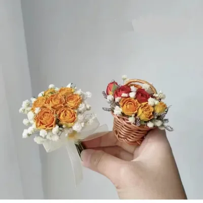 O-061 Hot Sale Wedding Home Decor Mini Preserved Flower Basket Dried Flower and Plants Bouquet