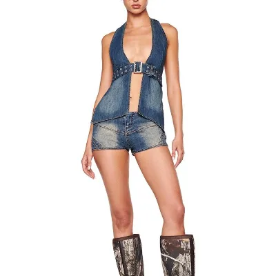 2025 Women's Casual Top Hot Girl Adjustable Strap New Denim Washed Sexy Cross-Border Design Short Vintage Style for Summer