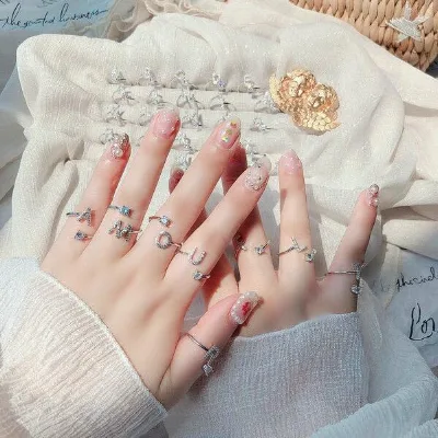Wholesale 26 Letters 925 Sterling Silver A-Z Adjustable Diamond Inlaid Zircon Initials Open Ring