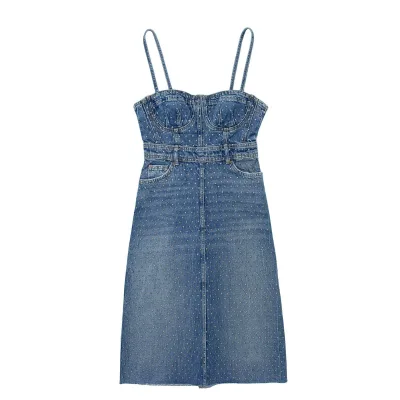 NEW Style Elegant Women Denim Dresses Rhinestones Dresses One Pieces Set