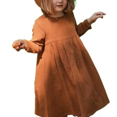 Caramel Muslin Gauze Dress Cotton Girls Long Sleeve Dress, Baby Girl Outfit