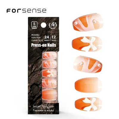 luxury 3d bows pearl handmade false nail tips full cover short ballerina fake nails ombre orange color design press on nail