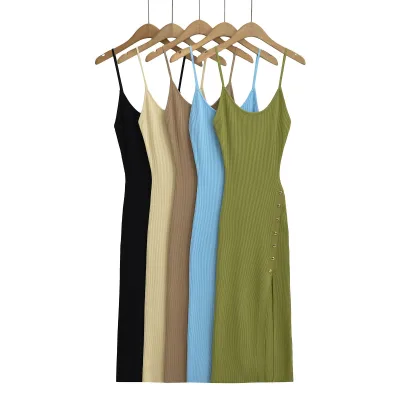 2025 Summer New Style Ins Hotties Sexy U-Neck Breasted Slit Bag Hip Slimming Look Long Skirt Causal Split Bodycon Dressers