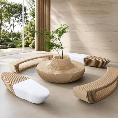 Layered Wooden Bench Curved Outdoor Seat Fiberglass Waiting Chair Large Round Planter Table Mall Park Landscape Public Furniture