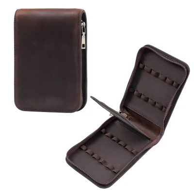 Crazy Horse Leather Multi Pen Storage Bag Vintage Style Zipper Pencil Pouch Big Capacity Stationery