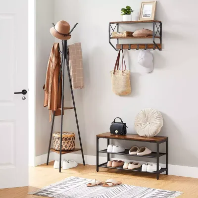 Low Price Coat Stand Freestanding Clothes Hat Bag Storage Metal Coat Rack With 2 Shelves