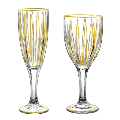 Luxury Wine Glass Goblet Champaign Brandy Snifter Glass Goblet With Vertical Stripe Gold Painted