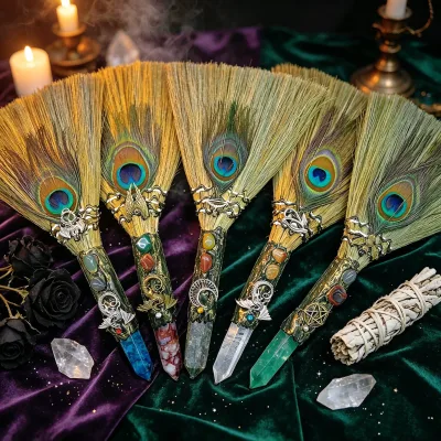 Wholesale Hand Crafted Natural Crystal Point Fluorite Wand Peacock Feather Witch Broom for Halloween Gifts
