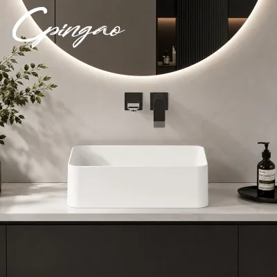 New Arrival Free-standing Rectangular Art Basin White Solid Surface Above Counter No Tap Hole Wash Basin for Hotel Bathroom