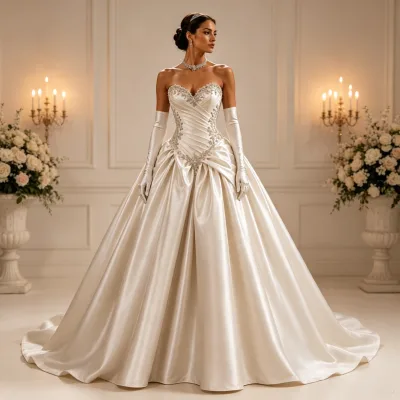 Basque Dropped Waist Satin Ball Gown Bridal Dress Elegant Strapless Ruched Corset Minimalist Wedding Gown with Train