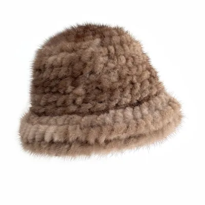 2024 New Trendy Mink Fur Hat Hand Made Knitted Hat Winter Warm Hat With Natural Color