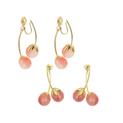 Lovely Girls Trending Jewelry Vintage Gold Plated Fruit Earring Luxury Lady Pink Cherry Drop Earrings