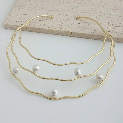 Minimalist Statement Necklace Collar Multilayered Waved Bead Pearl Choker Necklace