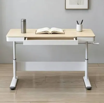 Modern Minimalist White Metal Frame Desk with Storage Drawer, Height Adjustable Workstation for Home Office Study