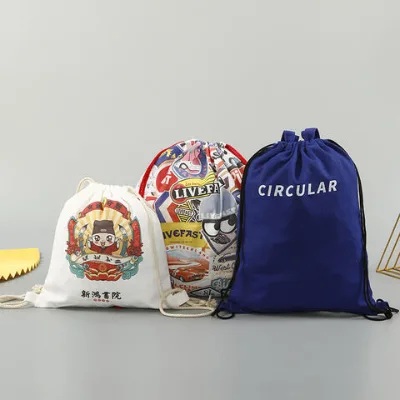 Custom logo advertising flannel bag double shoulder drawstring cotton drawstring backpack canvas bag