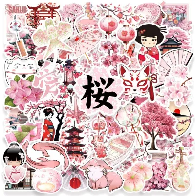 50Pcs Pink Japanese Cherry Blossoms Decorative Stickers for Phone Decor Cute Sakura Sticker