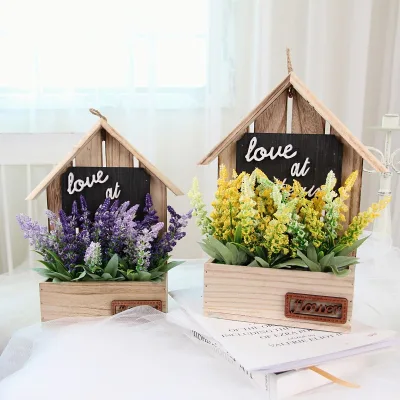 Modern Green Design Wood House Wall Hanging Artificial Flower Pot Thanksgiving Handicraft Ornaments Lavender Potted Wind Home
