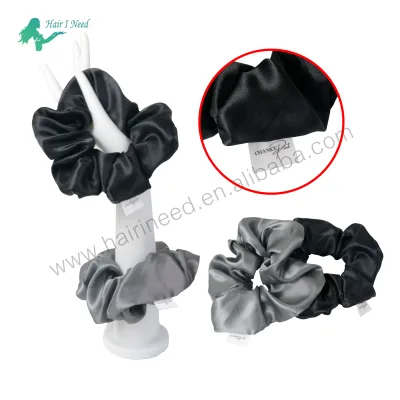 Customized Logo Printed Silk Satin Hair Scrunchies Wholesale Tie up Hair Band Rings Women Satin Scrunchies With Woven Label Tag