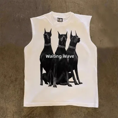Plus-size Basic Mass Market Breathable Dog Print Printed Long-staple Cotton Neck Sleeveless Unisex Casual Loose-Fitting T-Shirt