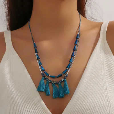 Trendy Statement Beaded Woven Rope Necklace, Bold Tassel Multi-Layered Chain, Elegant Premium Jewelry for Women