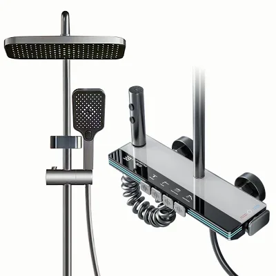 Luxury Minimalist Gun Gray Piano Key Wall-Mounted Brass Shower Set Soft Spray Ceramic Includes Filter Polished Shower Head