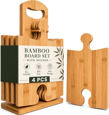 Interlocking Bamboo Puzzle Cutting Board Set 4pcs Individual Modular Appetizer Tray With Wine Glass Holder and Stand