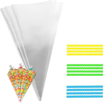 Factory Produce Clear Custom Triangle Christmas Sugar Sweet Packing Cone Cellophane Bags Safety Mini Popcorn Candy Packing Bags