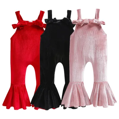 Wholesale Children Clothing Solid Velvet Fabric Baby Girl Sleeveless Bell Bottom Jumpsuit Outfits Low MOQ One Piece Romper