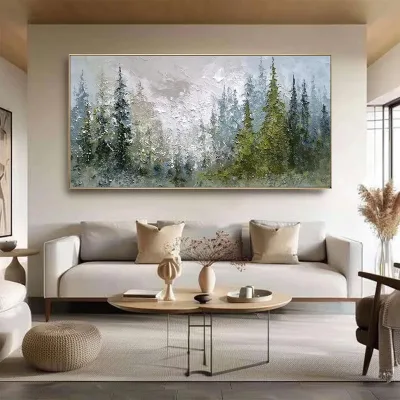 Serenity Textured Impasto Pine Forest Landscape Painting Handmade Neutral Large Textured Wall Art Artwork for Interior Design