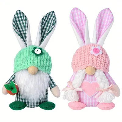 WOWEI 2025 New Plush Easter Lattice Rabbit Gnome Desktop Ornaments Easter Elderly Dwarf Doll Gifts Diy for Kids