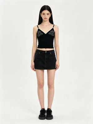 Y2K Rhinestone Embroidery Cami Top Women V Neck Lace Trim Adjustable Spaghetti Strap Cropped Tank Top Casual Slim Fit