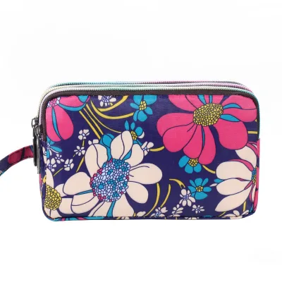 Classic Vintage Candy Pattern Waterproof Long Wallet Oxford Three-Layer Zipper Clutch Coin Purse with Polyester Lining for Women