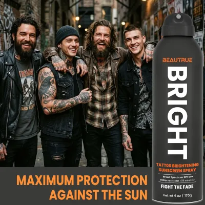 Custom Water Resistant Sunscreen Spray SPF 50 Plus for Tattoo Brightening and Long Lasting Color Enhancement Skin Protection