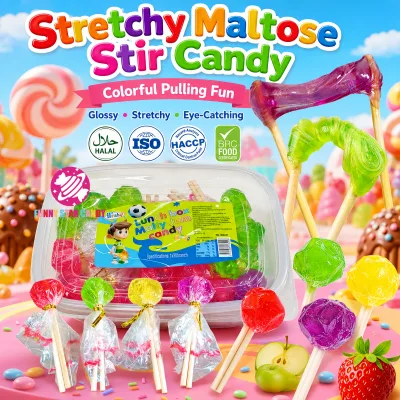 Wholesale Custom Natural Maltose Twist Pull Lollipop Childhood Snack Fruit Flavor Hand Stir Stretch Malt Candy for Kids