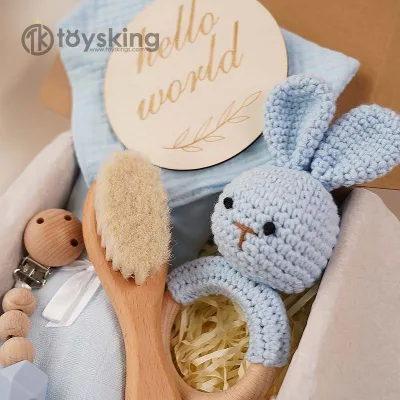Organic Cotton Hand-Knitted Newborn Baby Teeth Box (Baby Teeth Box)-BPA-Free Rabbit Rattle Teether Baby Shower Gift Box