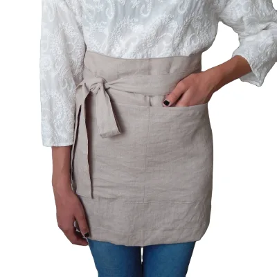 Custom Logo Half Cotton Linen Waiter Apron Kitchen Half Waiter Aprons with Waist Feature Washable and Reusable