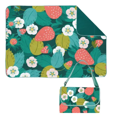 Strawberry Berries and Green Wildflower Pattern Outdoor Camping Picnic Mat