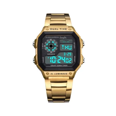 Classic Men's Sport Watch Green LED Digital Metal LCD Screen Square Gold Case Luxury Digital Watch for Men