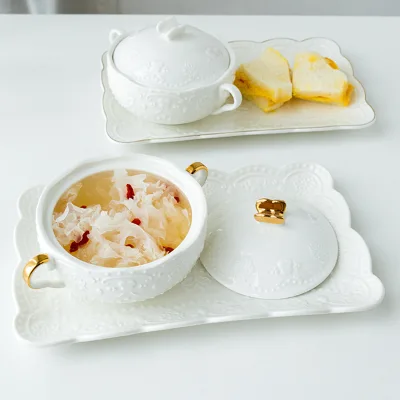 Wholesale Price White Ceramic Soup Bowl with Lid Two Handle Porcelain Relief Dessert Bowl Cereal Bowl