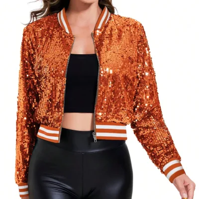 OEM Custom Popular Women's Cropped Full Sequined Jacket with Striped Cuff Neck and Hem Zipper up Shiny Jacket Coat for Woman