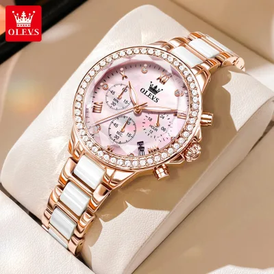OLEVS 9999 Quartz Fashion Watch Gift Square-dial Ceramic Watchband Chronograph Calendar Luminous Stopwatch Second Wristwatch