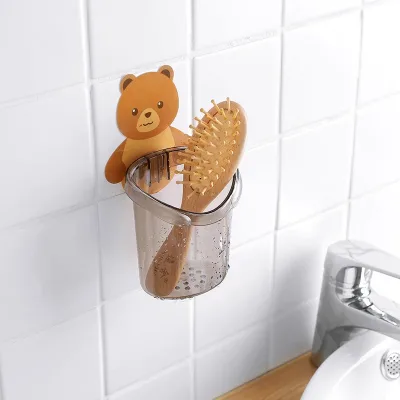 Bathroom Bear Toothbrush Holder Wall Mounted Non-Stick Bear Cuddle Shelf Kids Toothbrush Holder