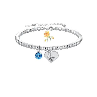Trendy 925 Silver Beaded Bracelet with Birthstone Crystal Rhinestone for Women's Birthday and Party Gifts Flower Design Bangle