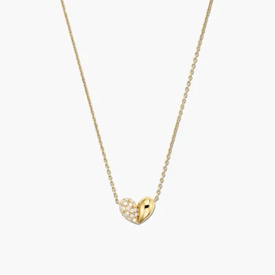 Women's 14k Gold Vermeil Half Pave Diamond Gold Heart Necklace CZ Heart Chain Necklace Women Heart Pendant Necklace Non Tarnish