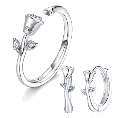 Fashion Rose Flower Open Ring White Gold Plated Hoop Earrings 925 Sterling Silver Jewellery Set for Women